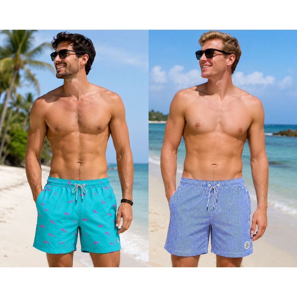 2 Maamgic Men L Swim Trunk Blue Shark Nautical Stripe Short Pocket 5 Inch Inseam